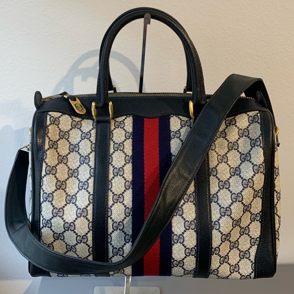 Gucci Beige and Black Monogram Bag with Red Stripe